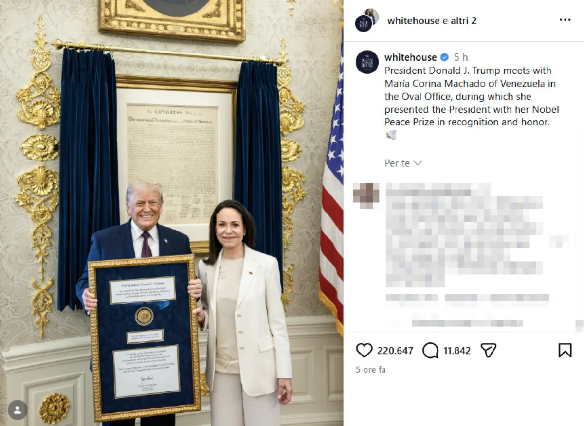 Machado incontra Trump alla Casa Bianca e consegna la sua medaglia del Nobel: un gesto simbolico apprezzato dal presidente USA