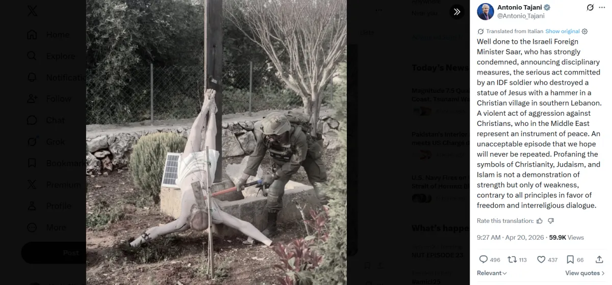 Soldato israeliano ripreso mentre danneggia una statua di Gesù in Libano, Tajani e Fontana: “Gesto vergognoso”