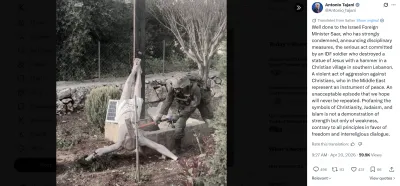 Soldato israeliano ripreso mentre danneggia una statua di Gesù in Libano, Tajani e Fontana: “Gesto vergognoso”