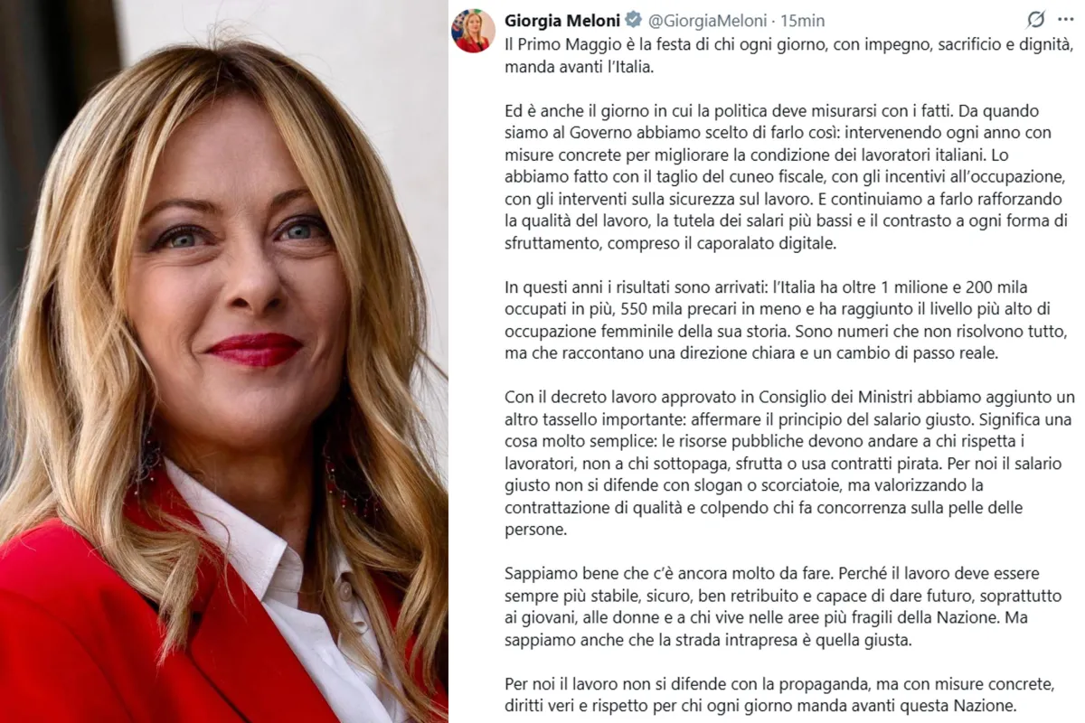 “Risorse pubbliche solo a chi non sfrutta i lavoratori”: la svolta di Meloni per il 1° Maggio. Ecco cosa ha detto la premier