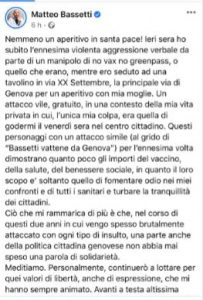 Bassetti denuncia l’episodio sulla sua pagina Facebook
