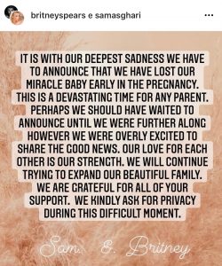 britney spears annuncia che ha perso il bambino